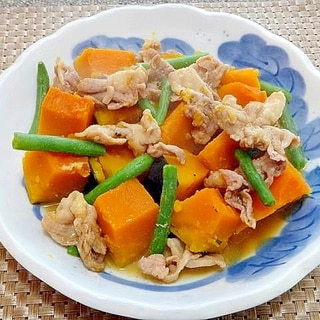 かぼちゃと豚肉インゲンの麺つゆ味噌煮